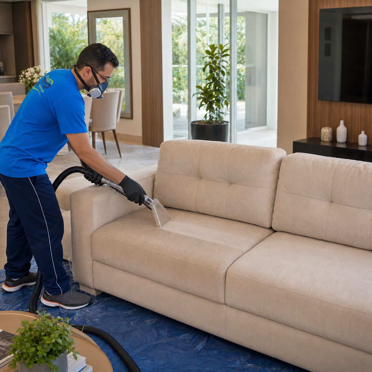 Técnico da WD Clean realizando higienização profissional de sofá