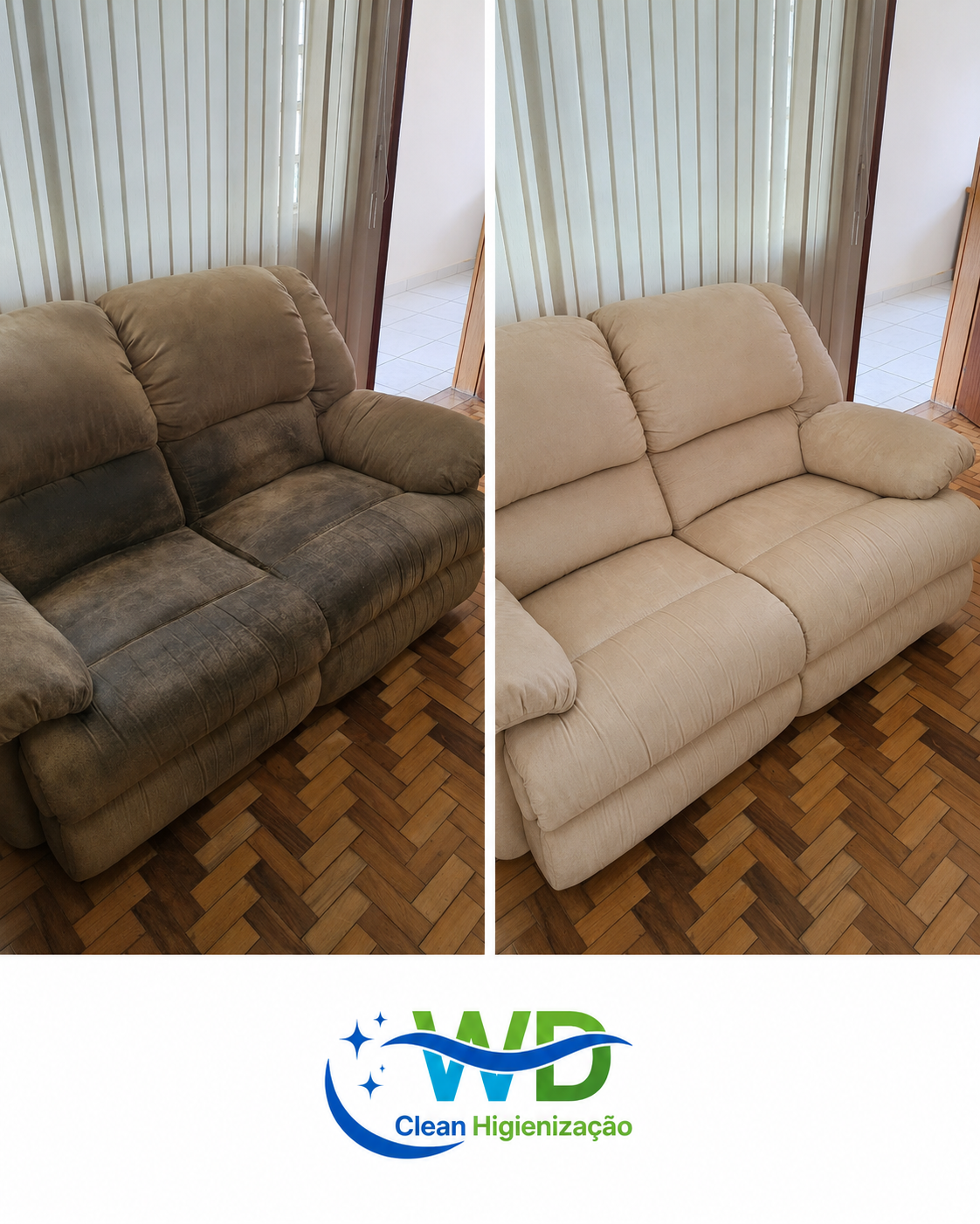 Sofá antes e depois da higienização