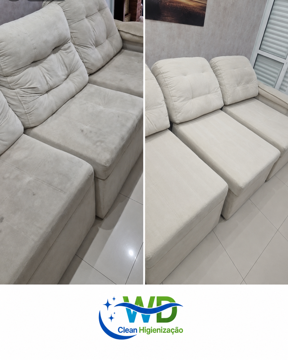 Sofá antes e depois da higienização
